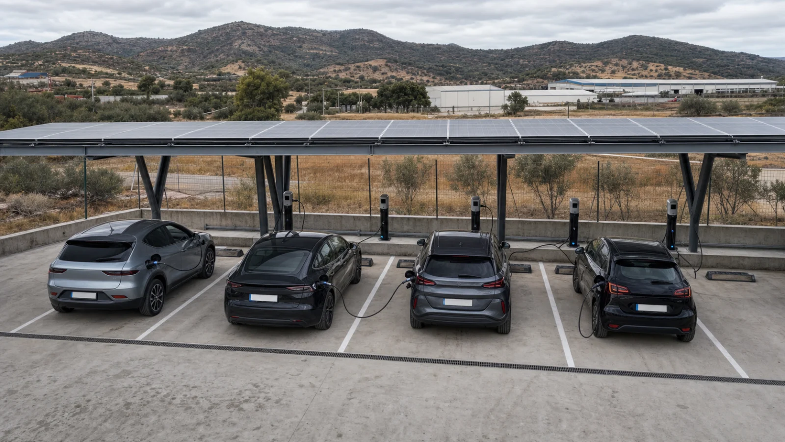 Multiple Hyperinso charging points under a solar canopy
