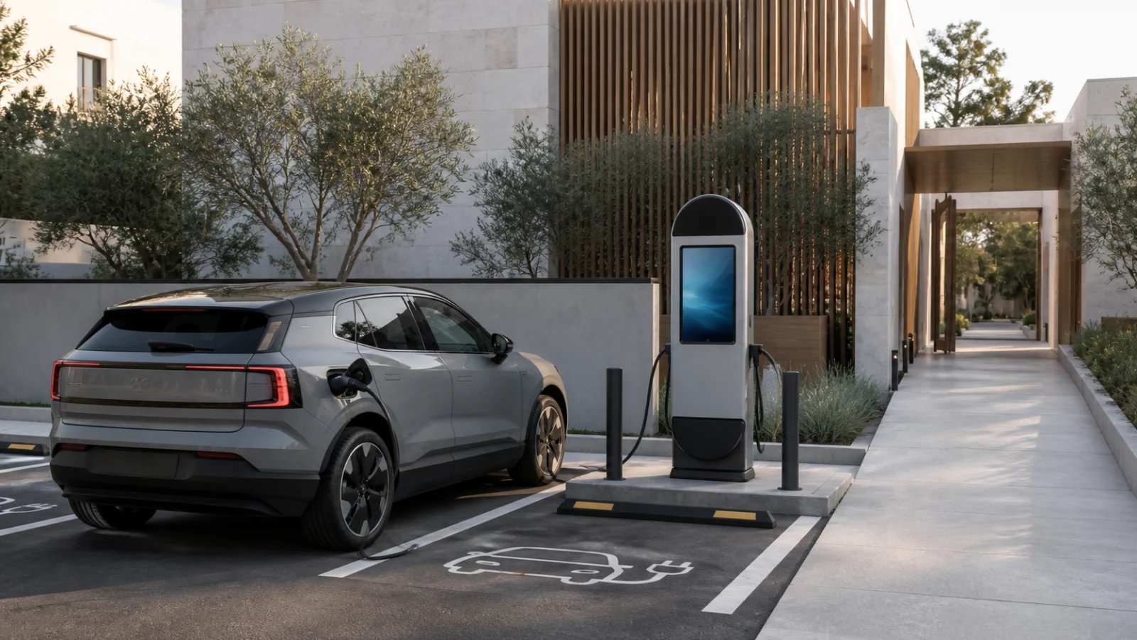 A Hyperinso Lumen charger at a purpose-built hotel charging station