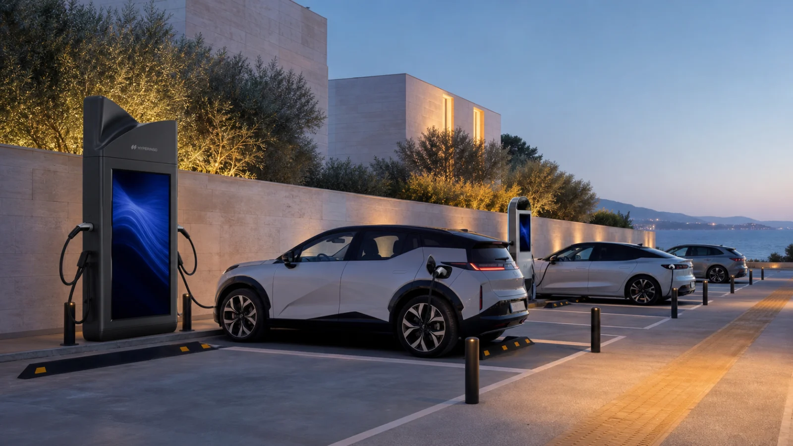 A municipal electric mobility hub in Greece with Hyperinso Monolith XL and Lumen chargers
