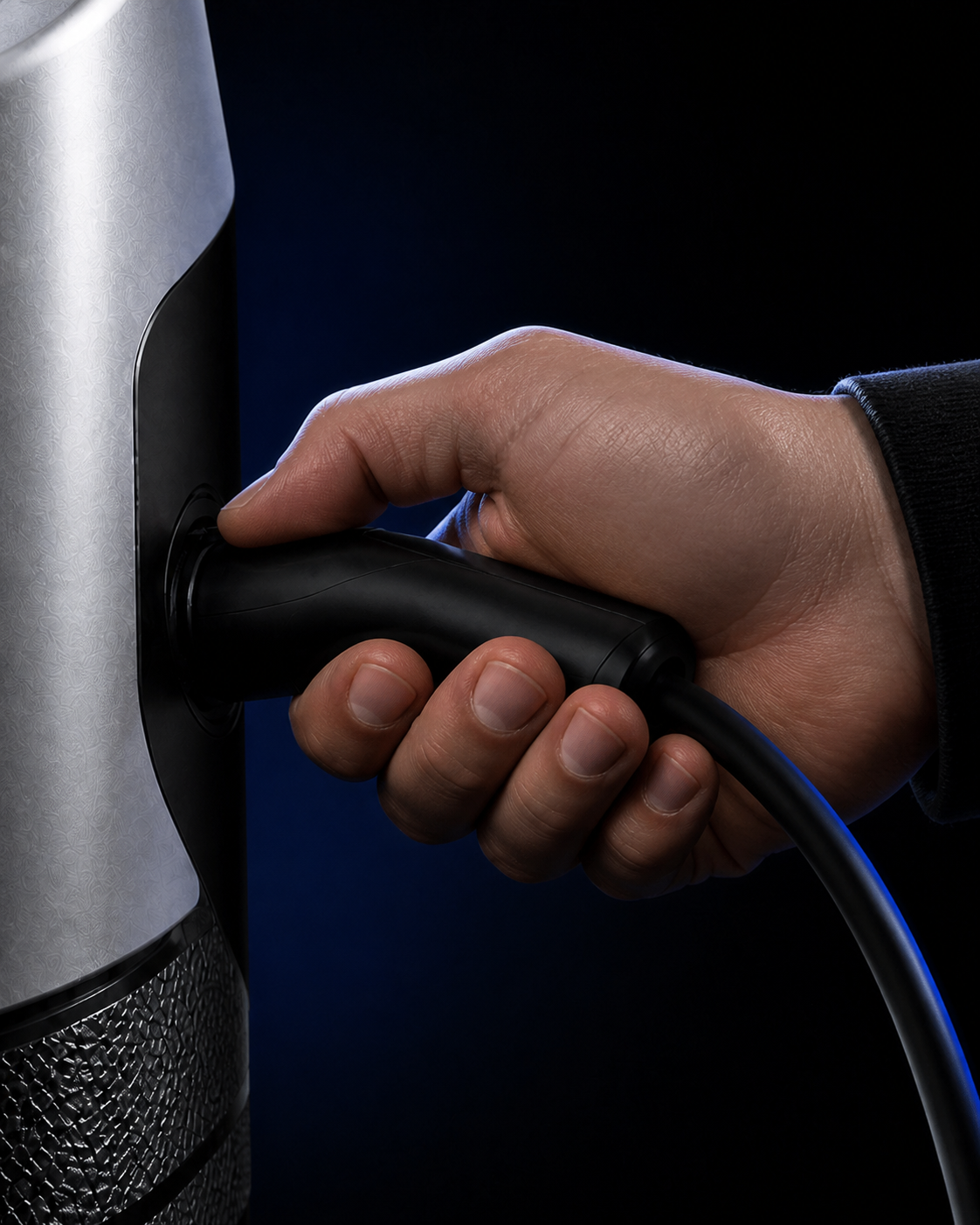 Χέρι που πιάνει τον connector του Obsidian σε σκοτεινό στούντιο